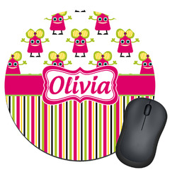 Pink Monsters & Stripes Round Mouse Pad (Personalized)