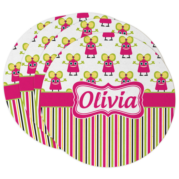 Custom Pink Monsters & Stripes Round Paper Coasters w/ Name or Text