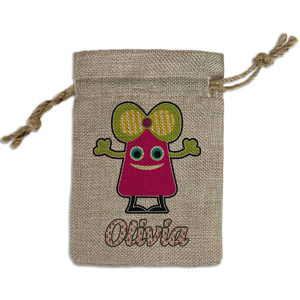 Custom Pink Monsters & Stripes Small Burlap Gift Bag - Front (Personalized)