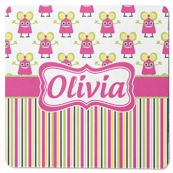 Custom Pink Monsters & Stripes Square Rubber Backed Coaster (Personalized)