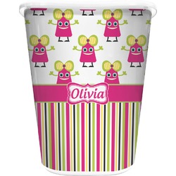 Pink Monsters & Stripes Waste Basket - Single Sided (White) (Personalized)
