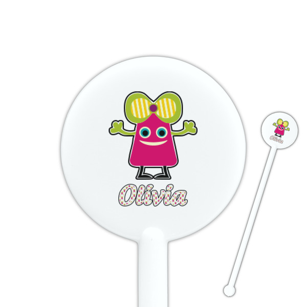 Custom Pink Monsters & Stripes 5.5" Round Plastic Stir Sticks - White - Double Sided (Personalized)