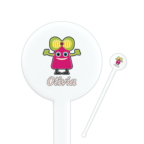 Custom Pink Monsters & Stripes 7" Round Plastic Stir Sticks - White - Double Sided (Personalized)