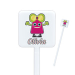 Pink Monsters & Stripes Square Plastic Stir Sticks - Double Sided (Personalized)
