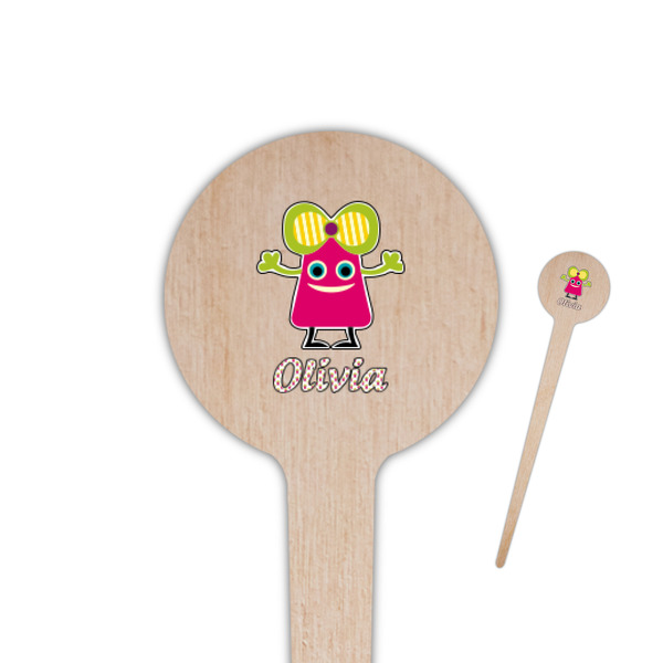 Custom Pink Monsters & Stripes 4" Round Wooden Food Picks - Double Sided (Personalized)