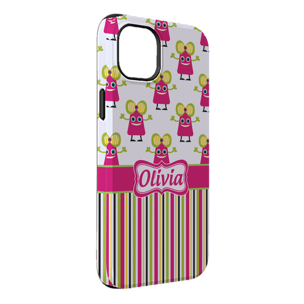 Custom Pink Monsters & Stripes iPhone Case - Rubber Lined - iPhone 14 Plus (Personalized)