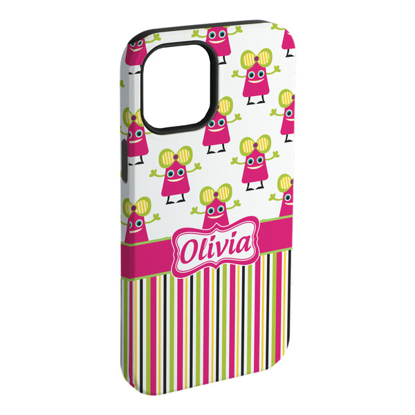 Custom Pink Monsters & Stripes iPhone Case - Rubber Lined - iPhone 15 Plus (Personalized)