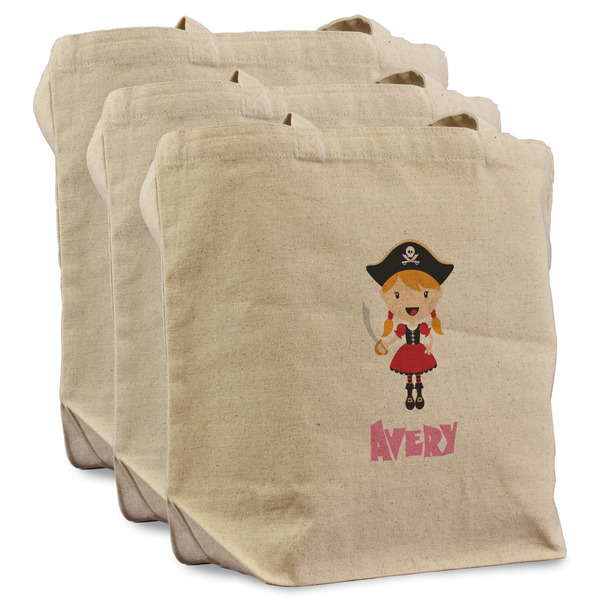 Custom Pink Pirate Reusable Cotton Grocery Bags - Set of 3 (Personalized)