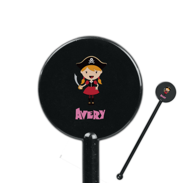 Custom Pink Pirate 5.5" Round Plastic Stir Sticks - Black - Double Sided (Personalized)