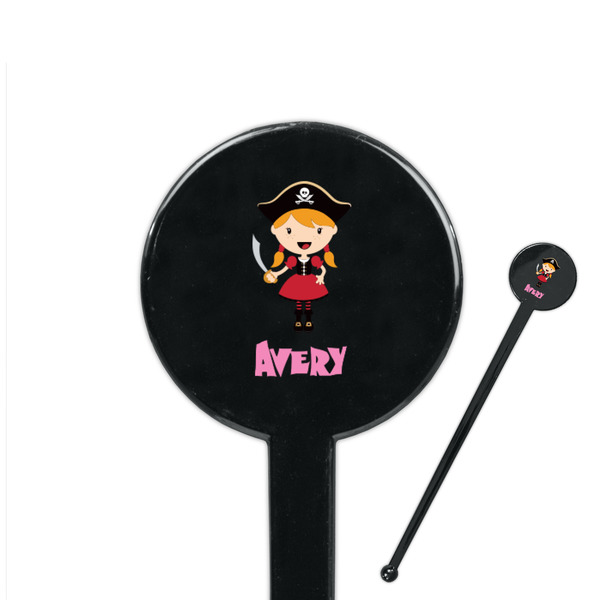 Custom Pink Pirate 7" Round Plastic Stir Sticks - Black - Single Sided (Personalized)