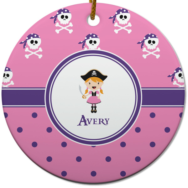 Custom Pink Pirate Round Ceramic Ornament w/ Name or Text