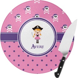 Pink Pirate Round Glass Cutting Board - Medium (Personalized)