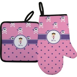 Pink Pirate Right Oven Mitt & Pot Holder Set w/ Name or Text