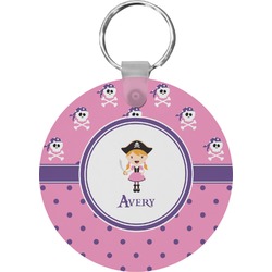 Pink Pirate Round Plastic Keychain (Personalized)