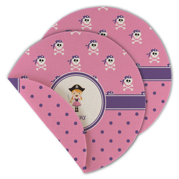 Custom Pink Pirate Round Linen Placemat - Double Sided (Personalized)