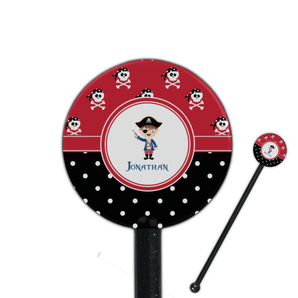 Custom Pirate & Dots 5.5" Round Plastic Stir Sticks - Black - Single Sided (Personalized)