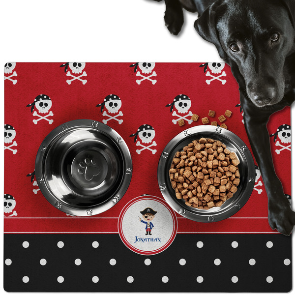 Custom Pirate & Dots Dog Food Mat - Large w/ Name or Text