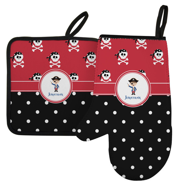 Custom Pirate & Dots Left Oven Mitt & Pot Holder Set w/ Name or Text