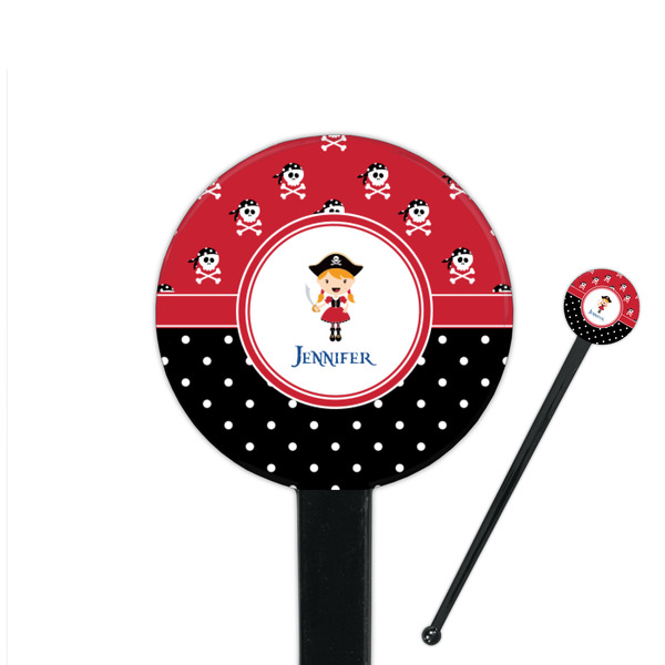 Custom Girl's Pirate & Dots 7" Round Plastic Stir Sticks - Black - Single Sided (Personalized)