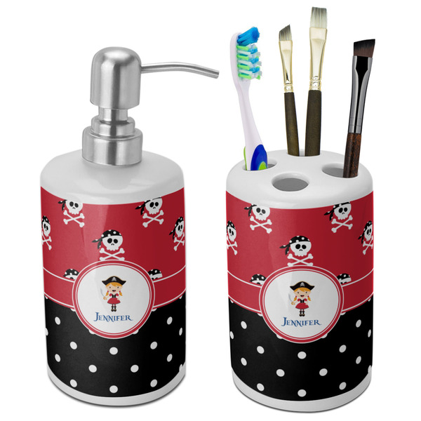 Custom Girl's Pirate & Dots Ceramic Bathroom Accessories Set (Personalized)