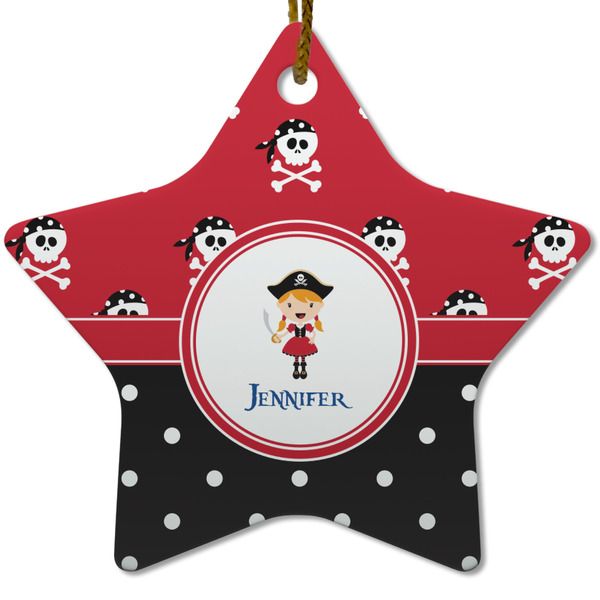 Custom Girl's Pirate & Dots Star Ceramic Ornament w/ Name or Text