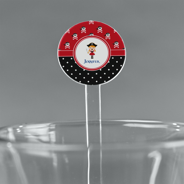 Custom Girl's Pirate & Dots 7" Round Plastic Stir Sticks - Clear (Personalized)