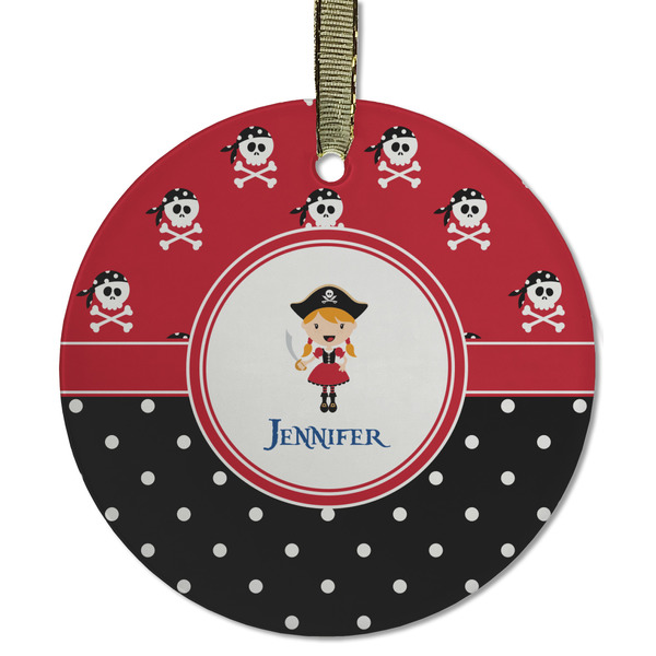 Custom Girl's Pirate & Dots Flat Glass Ornament - Round w/ Name or Text