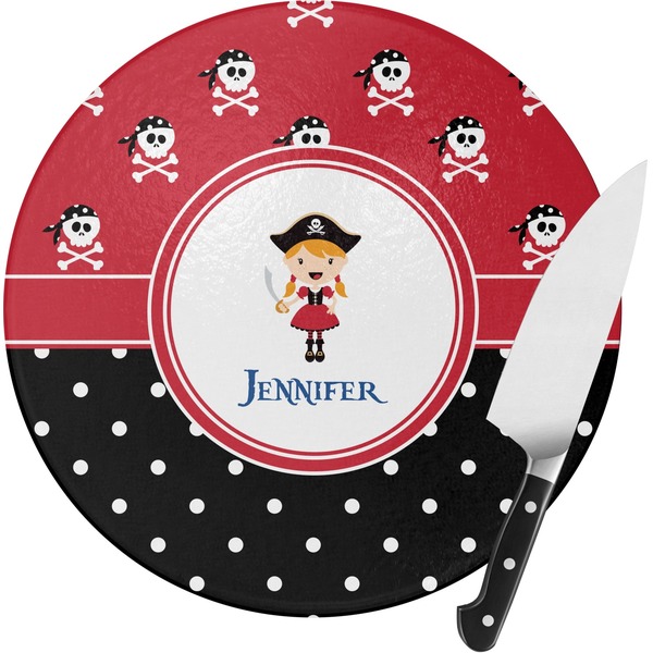 Custom Girl's Pirate & Dots Round Glass Cutting Board - Medium (Personalized)