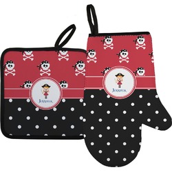 Girl's Pirate & Dots Right Oven Mitt & Pot Holder Set w/ Name or Text