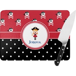 Girl's Pirate & Dots Rectangular Glass Cutting Board - Large - 15.25"x11.25" w/ Name or Text