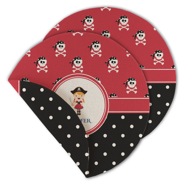 Custom Girl's Pirate & Dots Round Linen Placemat - Double Sided (Personalized)