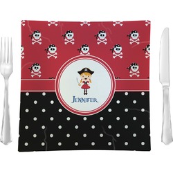 Girl's Pirate & Dots 9.5" Glass Square Lunch / Dinner Plate- Single or Set of 4 (Personalized)