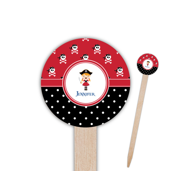 Custom Girl's Pirate & Dots 6" Round Wooden Food Picks - Double Sided (Personalized)