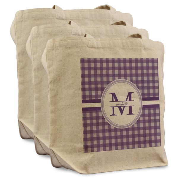 Custom Gingham Print Reusable Cotton Grocery Bags - Set of 3 (Personalized)