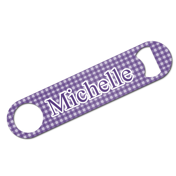 Custom Gingham Print Bar Bottle Opener - White w/ Name and Initial