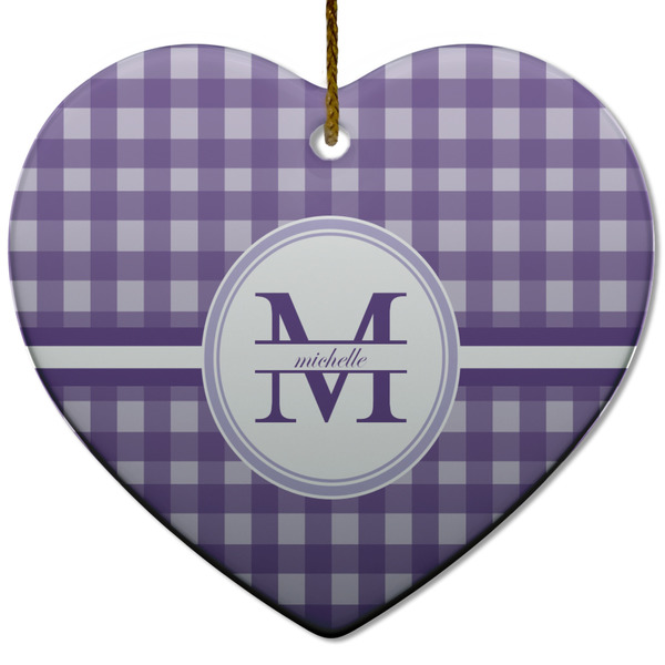 Custom Gingham Print Heart Ceramic Ornament w/ Name and Initial