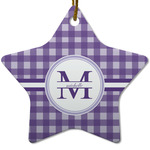 Gingham Print Star Ceramic Ornament w/ Name and Initial