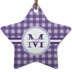 Gingham Print Star Ceramic Ornament w/ Name and Initial