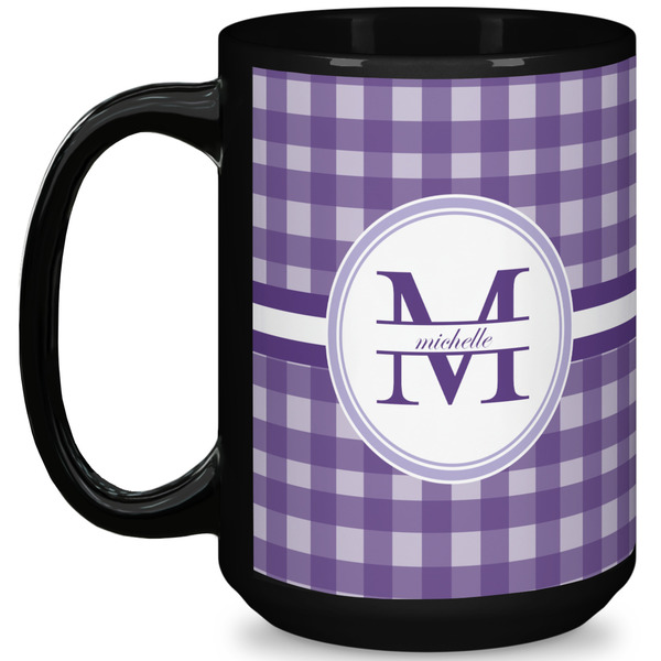 Custom Gingham Print 15 Oz Coffee Mug - Black (Personalized)