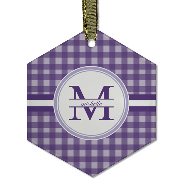 Custom Gingham Print Flat Glass Ornament - Hexagon w/ Name and Initial