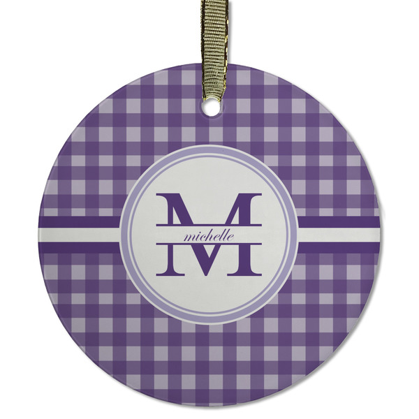 Custom Gingham Print Flat Glass Ornament - Round w/ Name and Initial