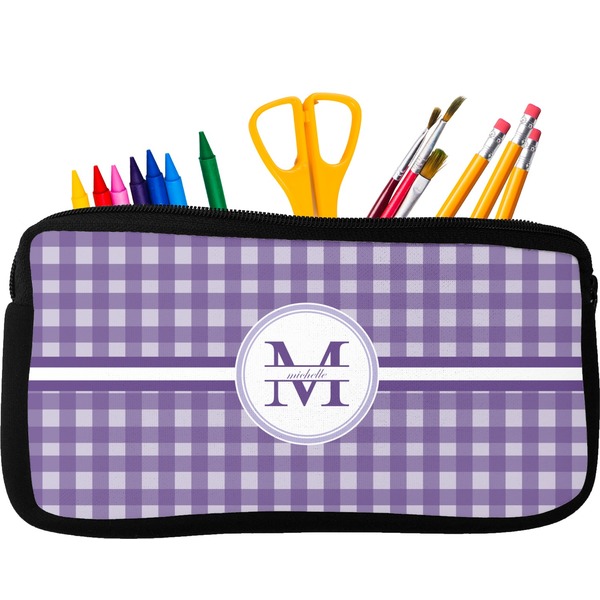 Custom Gingham Print Neoprene Pencil Case - Small w/ Name and Initial