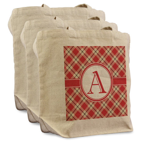 Custom Red & Tan Plaid Reusable Cotton Grocery Bags - Set of 3 (Personalized)