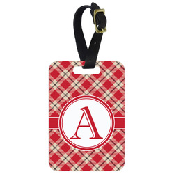 Red & Tan Plaid Metal Luggage Tag w/ Initial