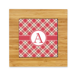 Red & Tan Plaid Bamboo Trivet with Ceramic Tile Insert (Personalized)