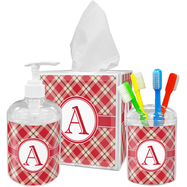 Custom Red & Tan Plaid Acrylic Bathroom Accessories Set w/ Initial