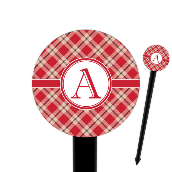 Custom Red & Tan Plaid 6" Round Plastic Food Picks - Black - Double Sided (Personalized)