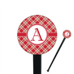 Red & Tan Plaid 7" Round Plastic Stir Sticks - Black - Single Sided (Personalized)