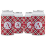 Red & Tan Plaid Can Cooler (12 oz) - Set of 4 w/ Initial