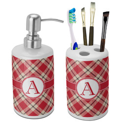 Red & Tan Plaid Ceramic Bathroom Accessories Set (Personalized)